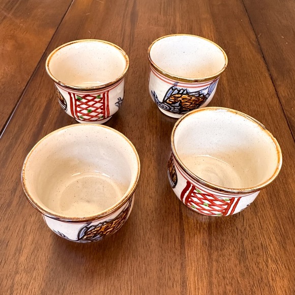 Japanese Hand Painted Okinawa  Tsuboya-yaki Pottery Tea Cups Set of Four w Birds - Picture 6 of 12